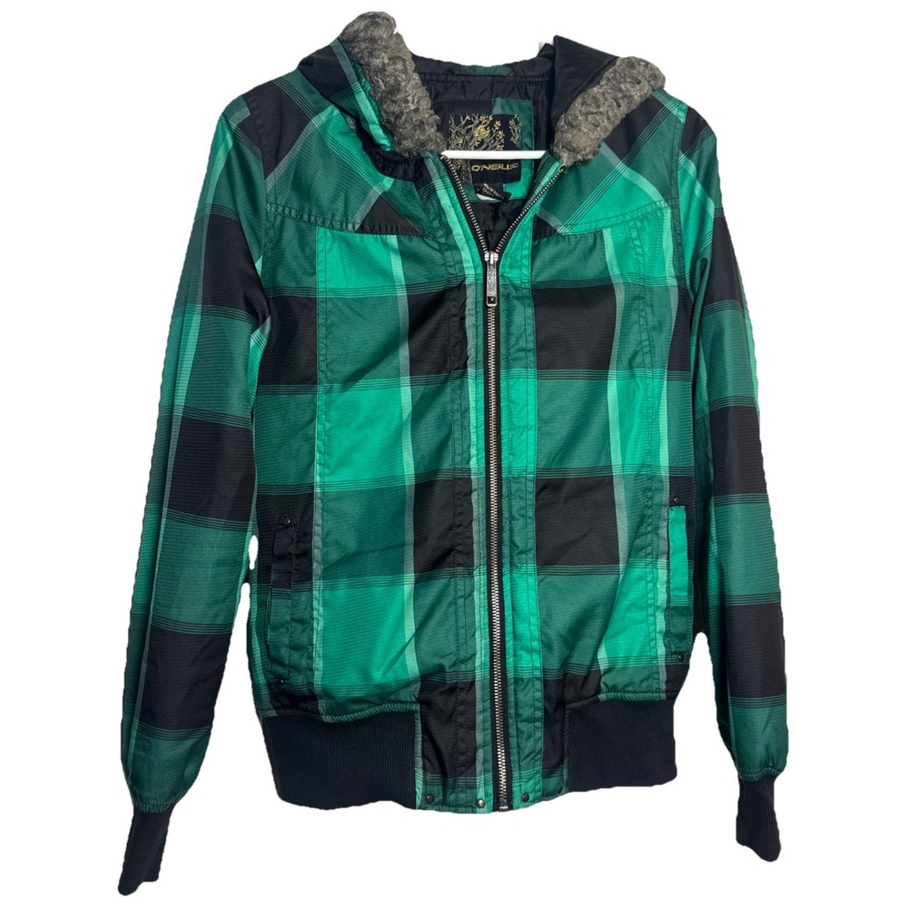 O'Neill Women's‎ Plaid Hooded Jacket Green & Black Faux Fur Trim Medium M